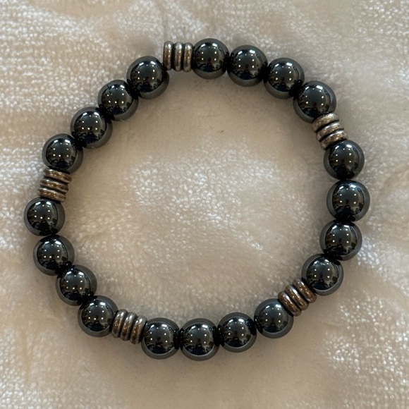 Handmade Jewelry - Natural Hematite Stretch Bracelet Silver Spacers-Handmade Unisex Healing Jewelry